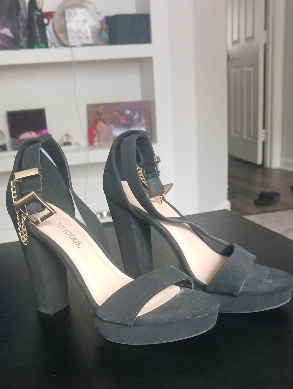 Delicious Black Platform Ankle-Strap Block Heels with Gold Accent